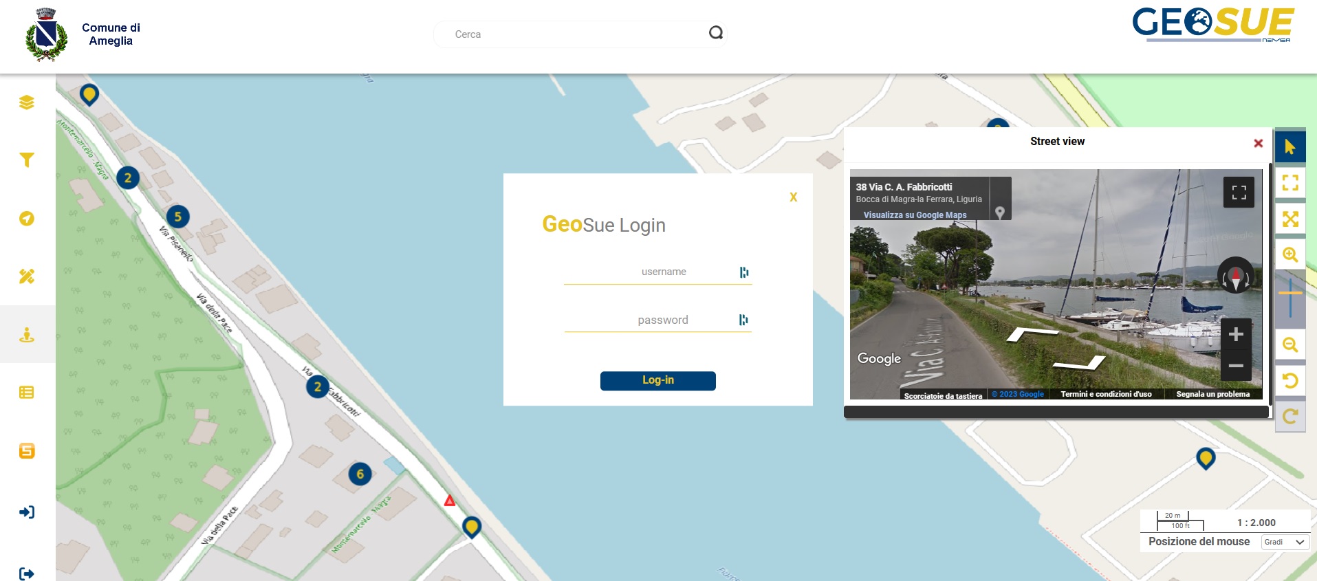 GeoSUE - schermata login + street view - Nemea Sistemi